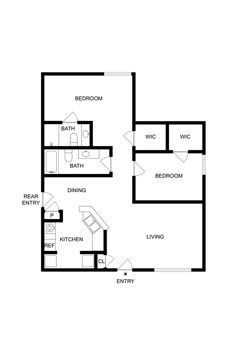 Floor plan for 2 beds, 2 baths, 984 sqft